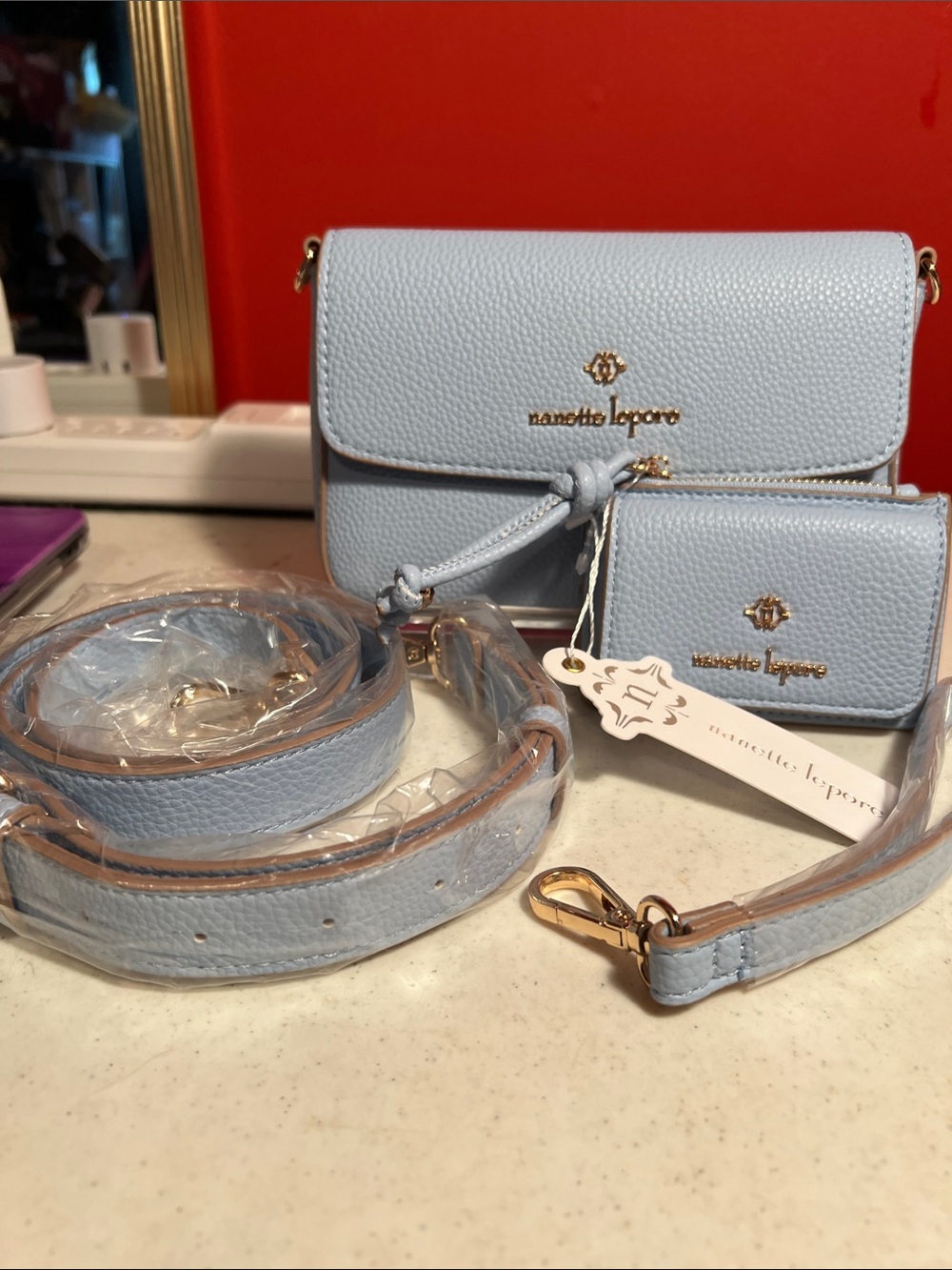 Nanette Lepore Powder Blue Pebbled Leather Crossbody with Wallet - Picture 6 of 10